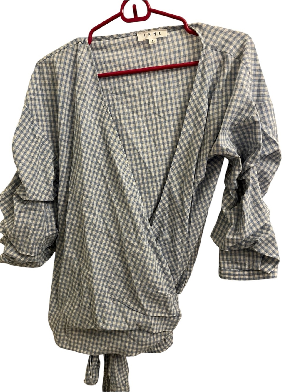 THML Blue and White Gingham Wrap Top